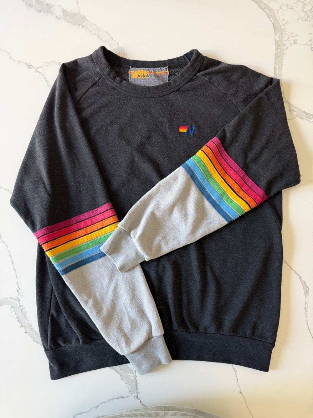 Aviator Nation Black Crewneck Sweater with Rainbow Stripe Sleeves